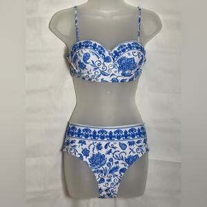 Blue and White Floral Paisley Bikini Swim-S